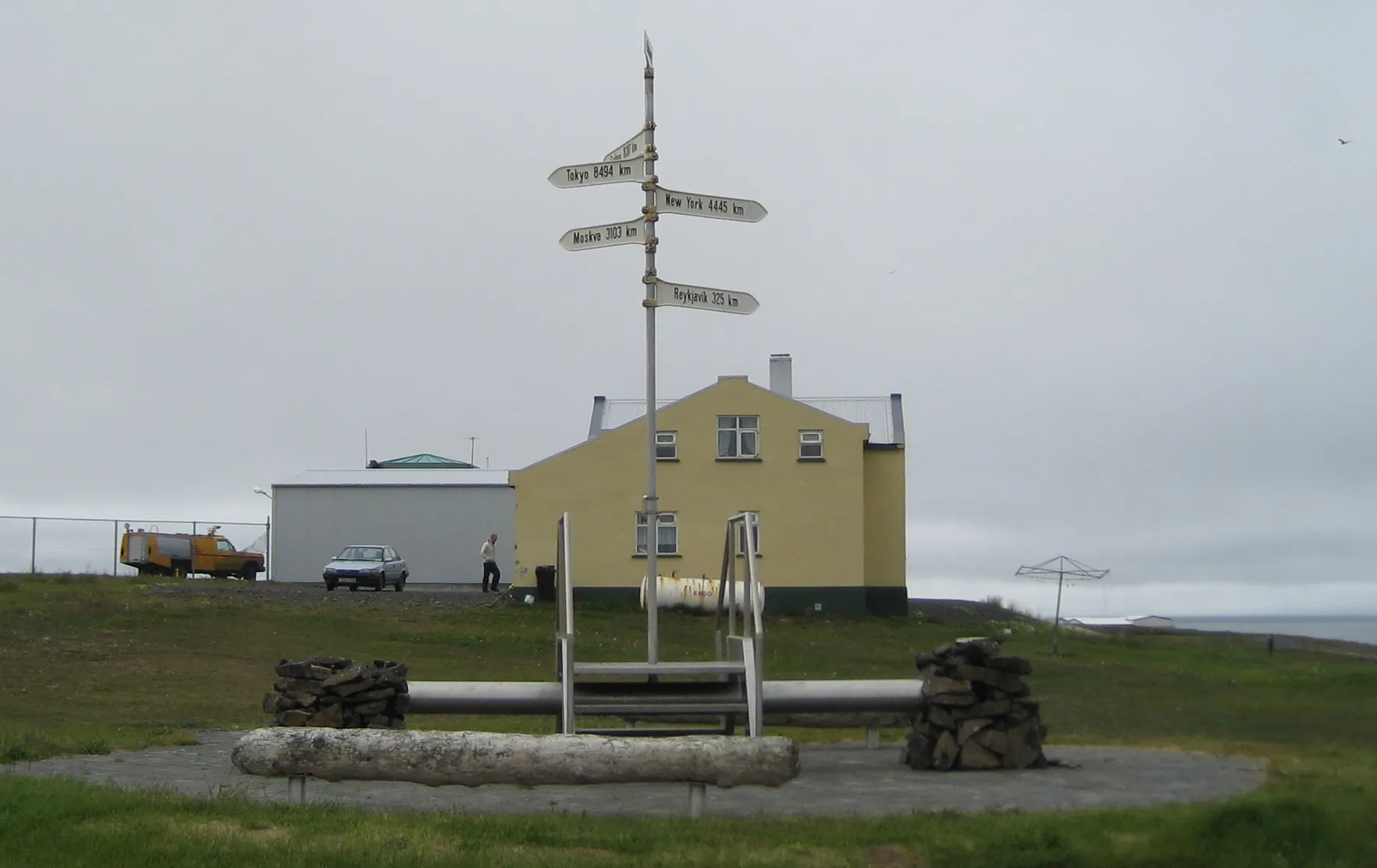 Dawne oznaczenie koła podbiegunowego na wyspie Grímsey – drogowskaz z odległościami do Reykjavíku, Moskwy i Tokio
