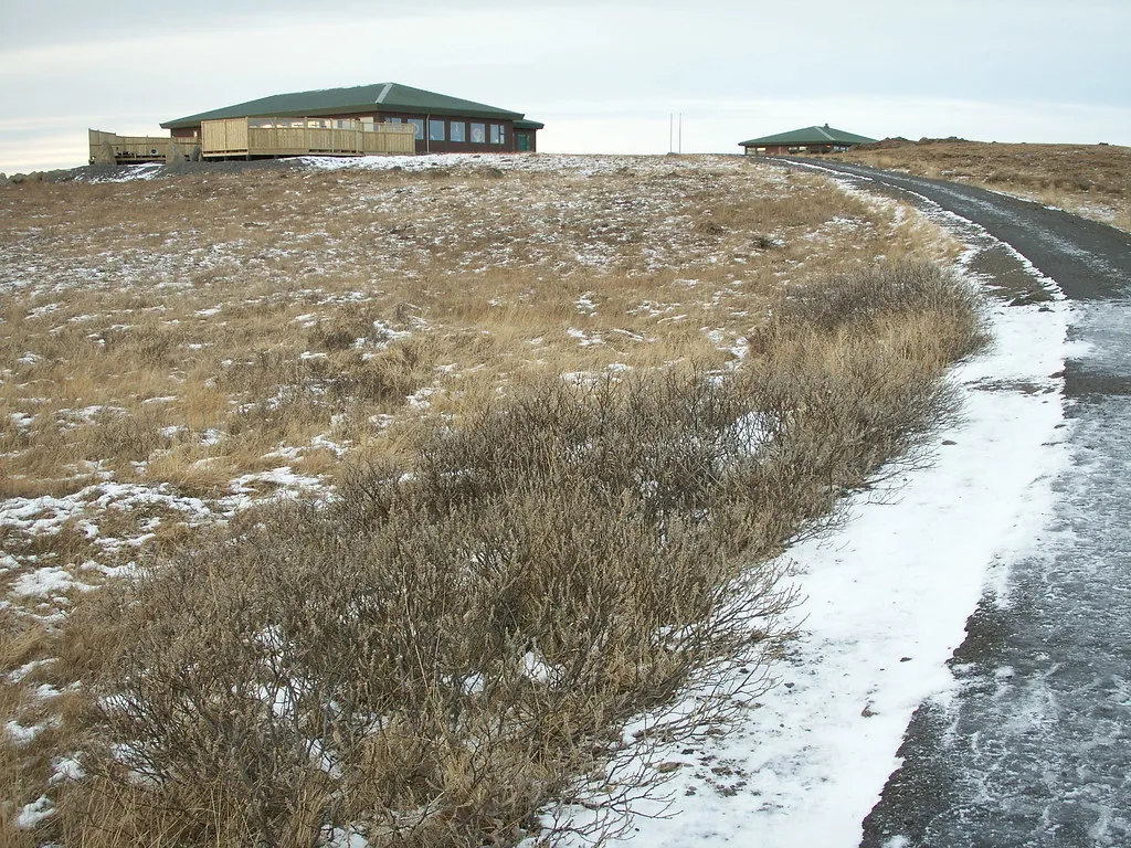 Budynek kawiarni i sklepu przy górnym parkingu nad Gullfoss zimą, obok ścieżka i suche trawy