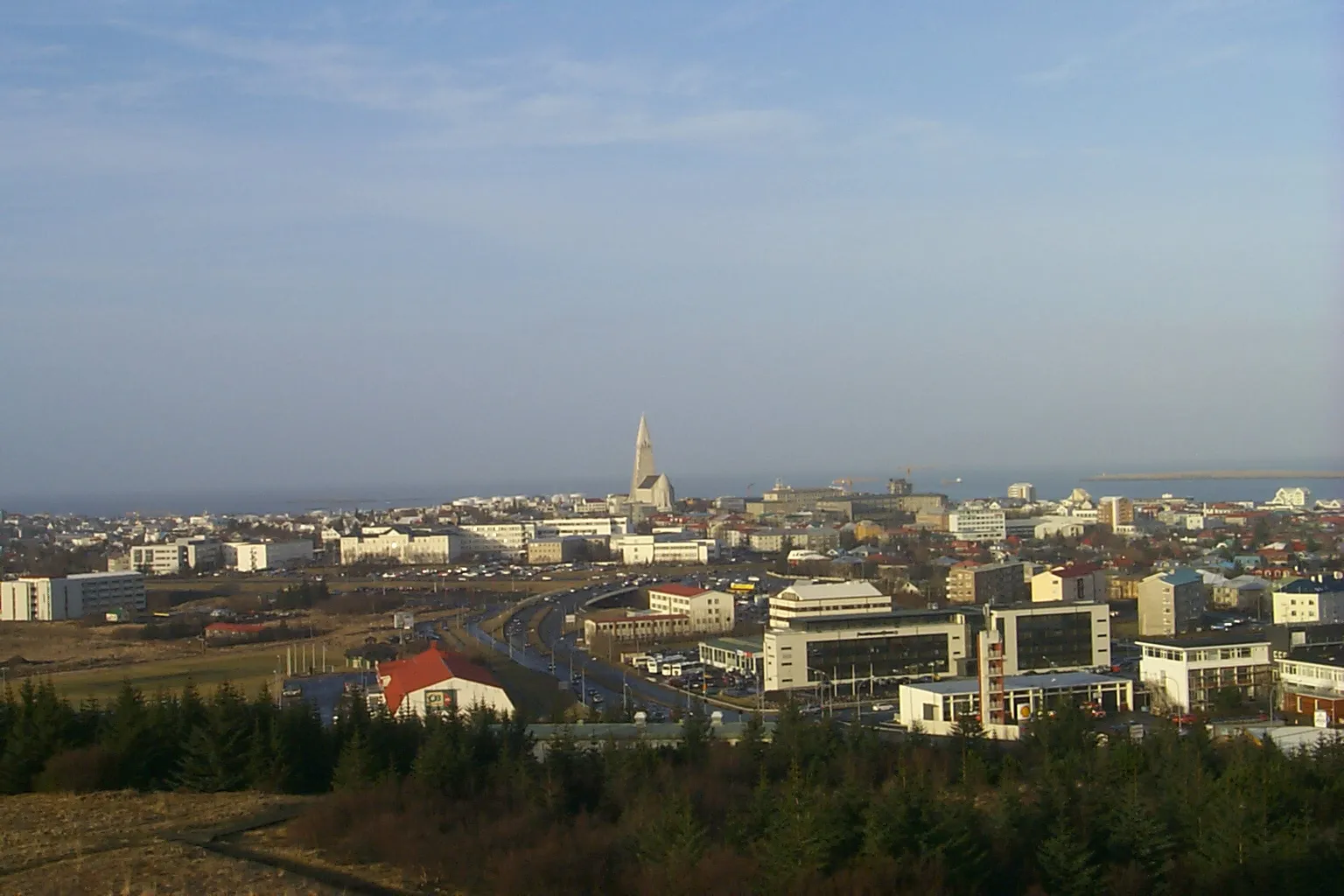 Widok z tarasu Perlan na Reykjavík – miasto, wieża Hallgrímskirkja i zatoka