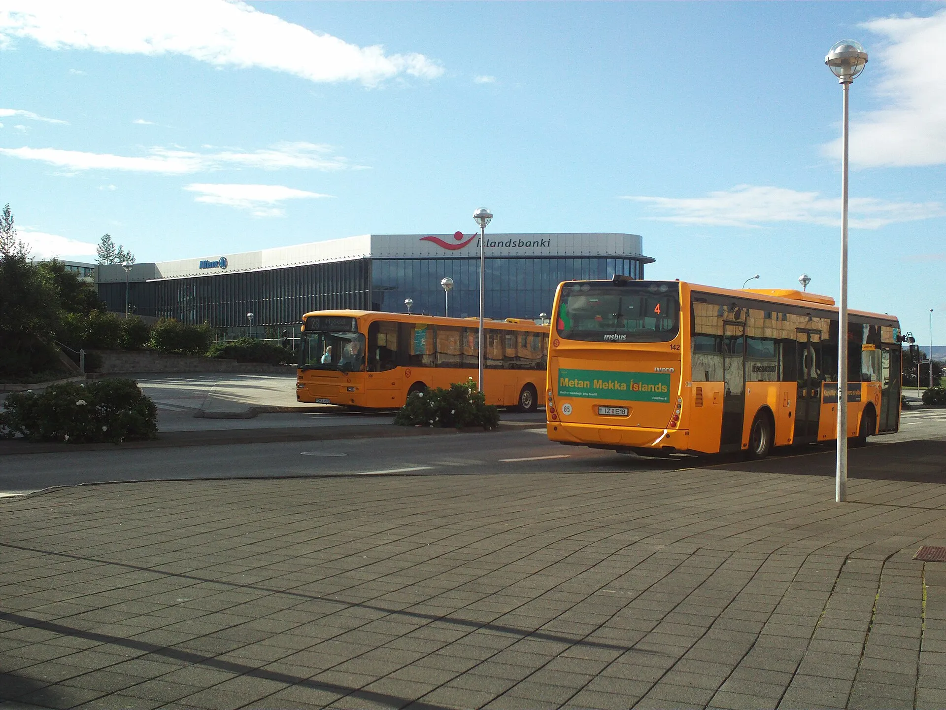 Żółte autobusy miejskie Strætó na przystanku w Kópavogur
